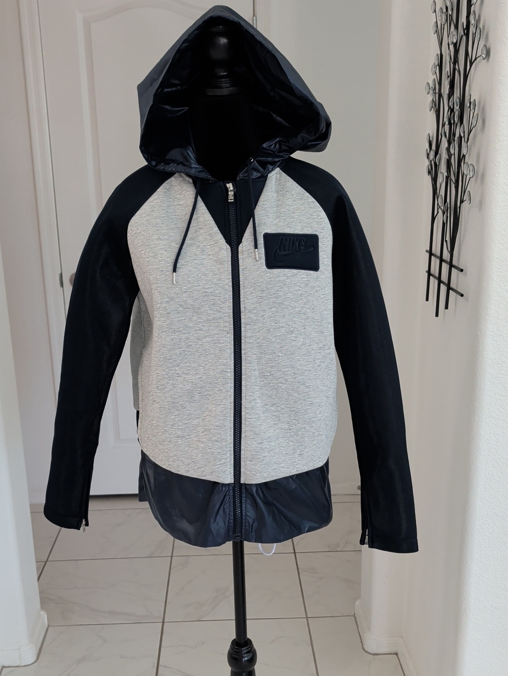 New Nike Women's Cocoon Mixed Material Jacket Navy Blue Grey Waterproof Hood